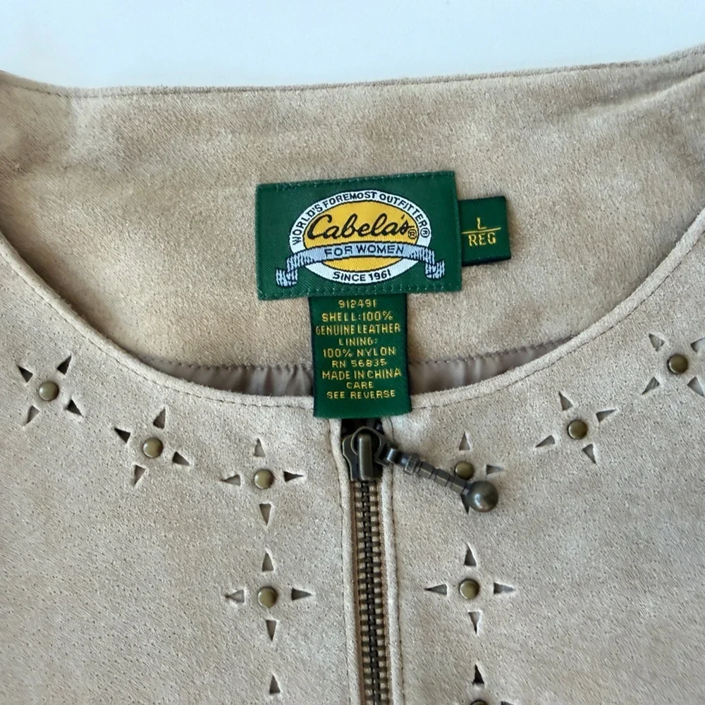 Cabela's‎ Blazer Studded Full Zip Suede Leather Tan Sz L Boho western Core